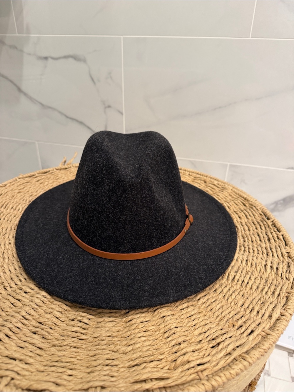 Wide Brim Felt Fedora with Brown Leather Band - Charcoal
